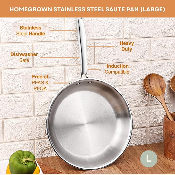 Stainless Steel Sauté Pan (Large) – Heavy-Duty, Even Heat Performance, PFAS-Free, Induction Compatible