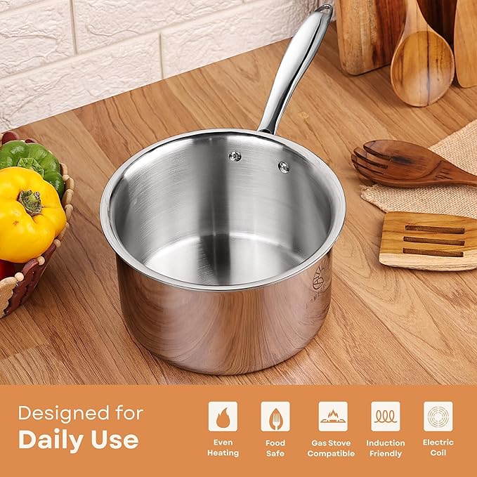 Stainless Steel Saucepan with Lid – Professional Grade, 3-Layer Bonded Steel, Even Heating, Induction Ready, Non-Toxic Cookware